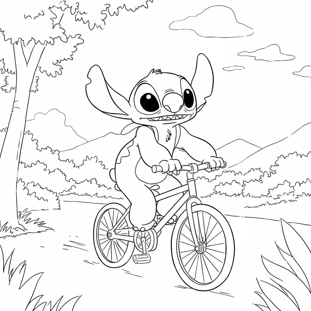 Stitch riding a bike