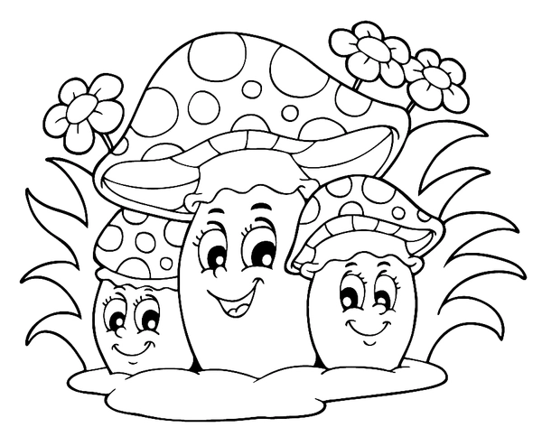 Fall Three Mushrooms with Flowers Coloring Page