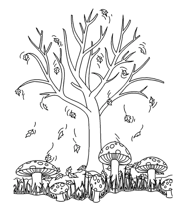 Fall Tree with Mushrooms Coloring Page