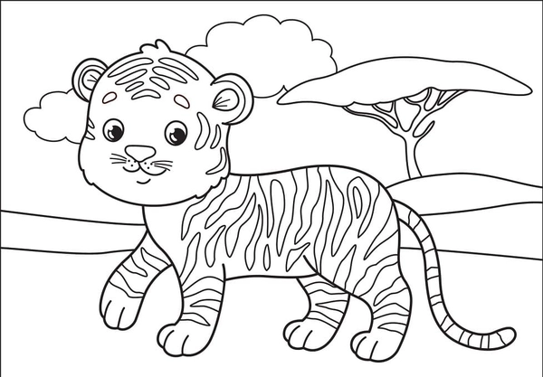 Dibujo para Colorear Tigre bebé con nube y árbol