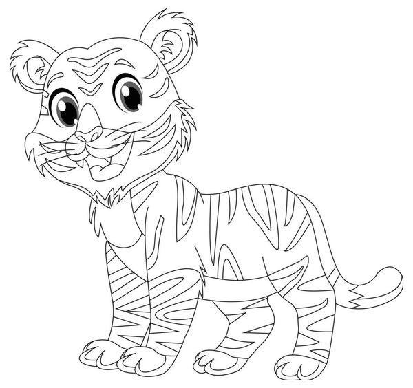 Cute Happy Baby Tiger with Black and White Line Art Drawing