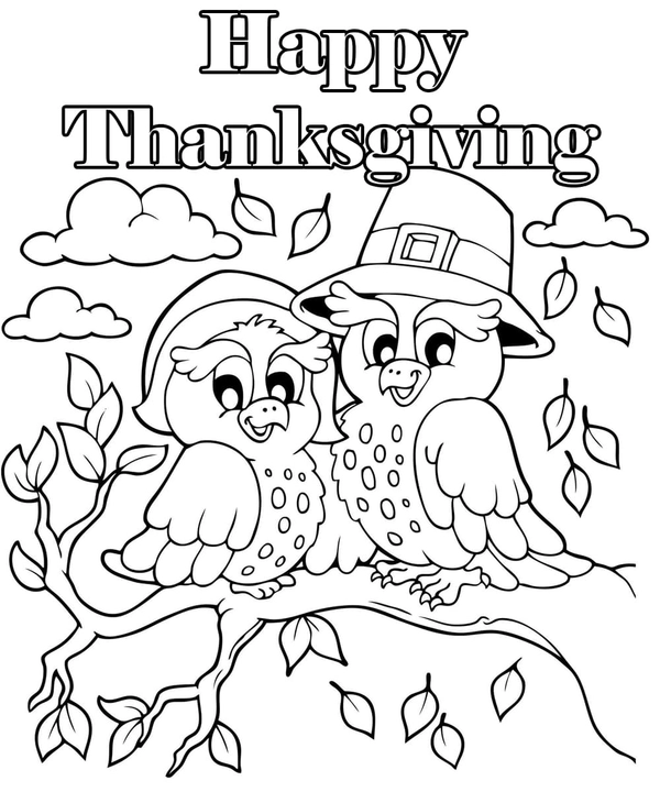 Thanksgiving Birds in Tree Coloring Page