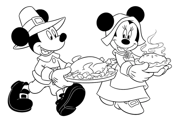 Thanksgiving Mickey and Minnie Mouse Bringing Food Coloring Page