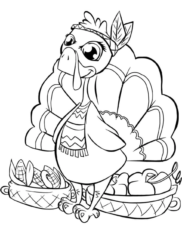 Dibujo para Colorear Pavo de Acción de Gracias con cestas