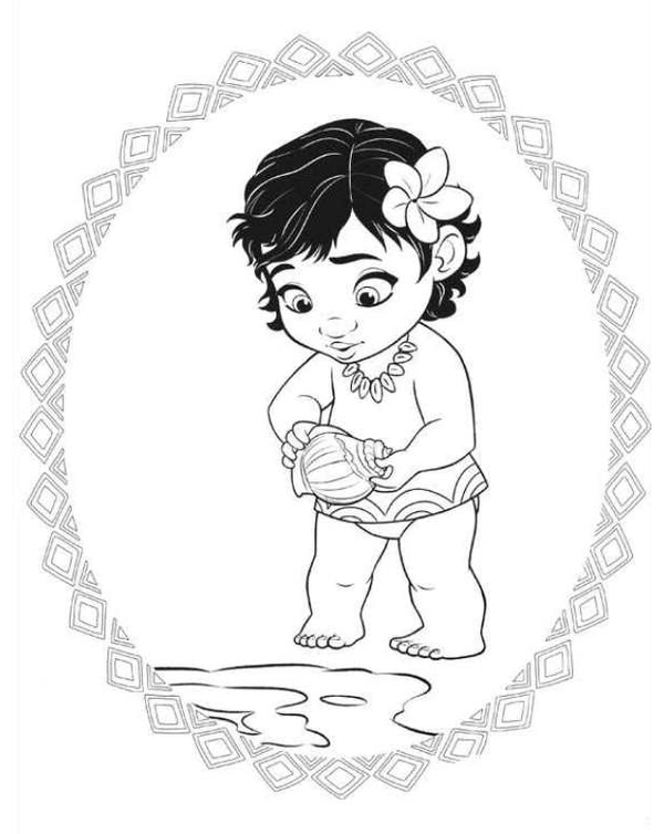 Dibujo para Colorear Bebé Moana con concha de mar en la mano