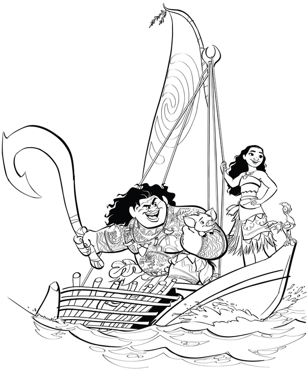 Moana and Maui on Boat Coloring Page