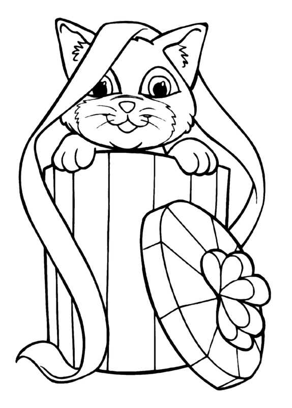 Cat in Giftbox Coloring Page