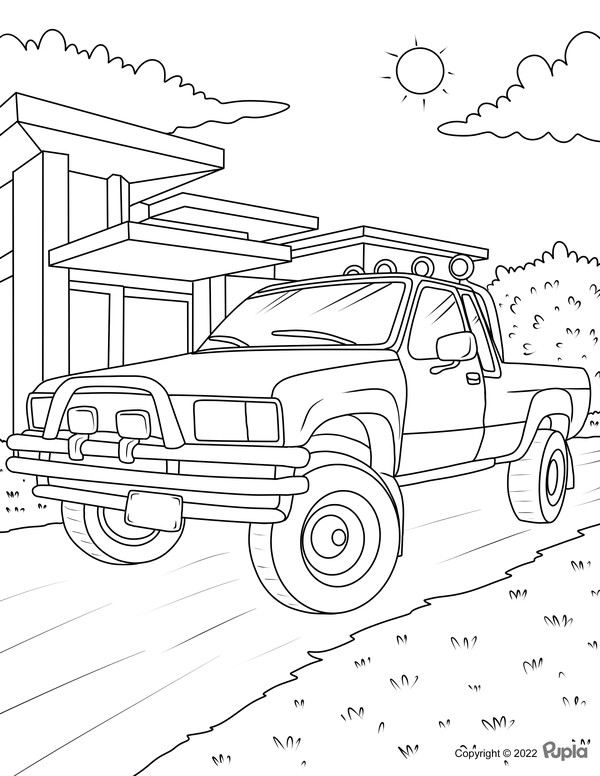 Cars Pick Up Truck in front of Building Coloring Page