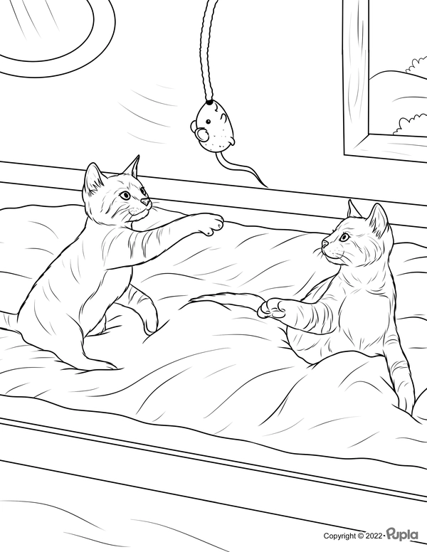 Cats Playing with Mouse Coloring Page