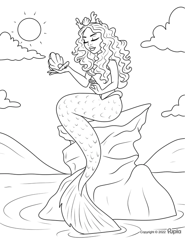Curly Mermaid on Rock Coloring Page