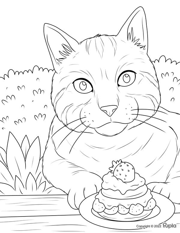Cute Cat with Strawberry Cake Coloring Page