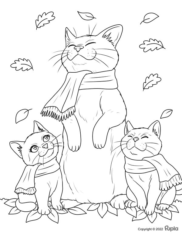 Schattige Katten met Sjaal Herfst Kleurplaat