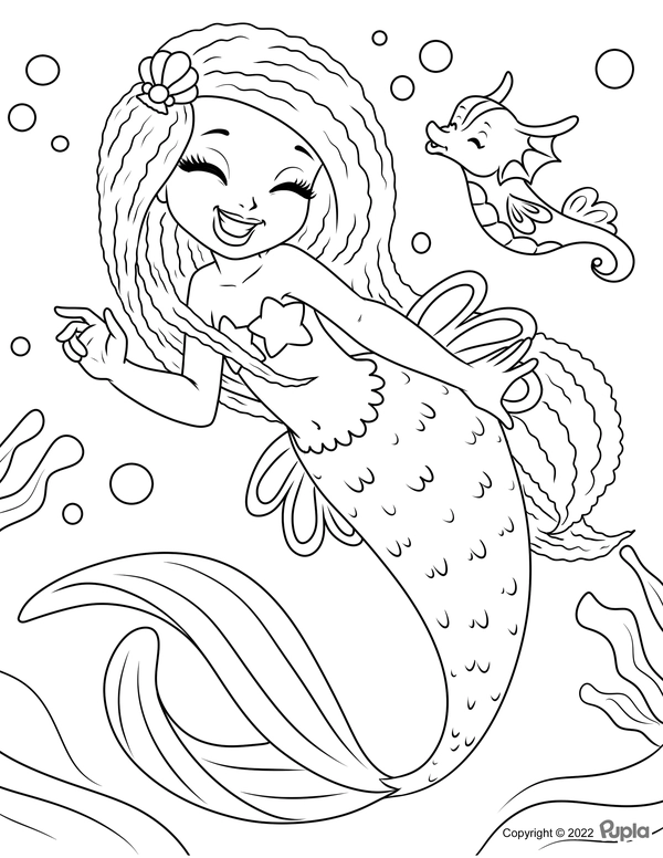 Cute Mermaid with Seahorse Coloring Page