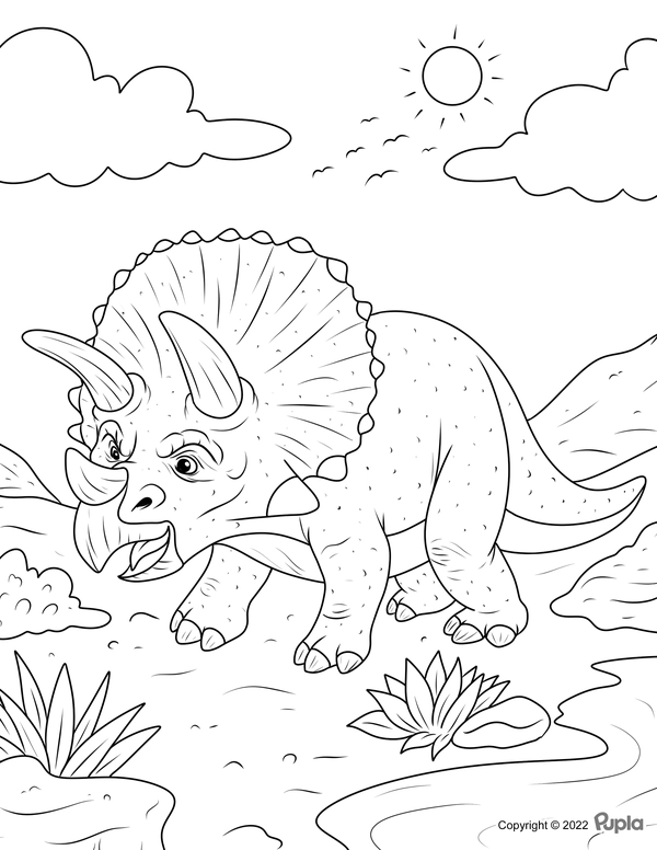 Dinosaur Triceratops in Sun Coloring Page