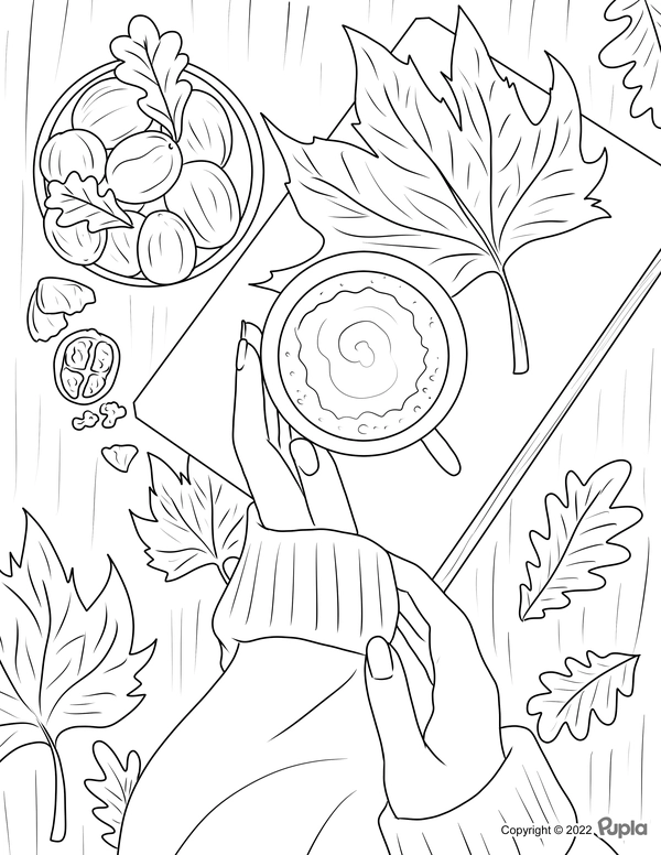Fall Cappuccino and Leaves Coloring Page