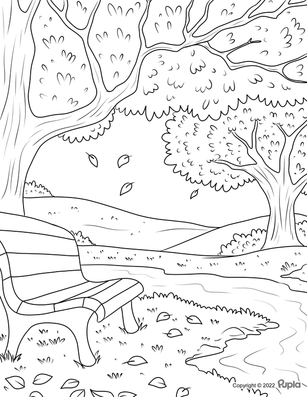 Fall Forest Bench Coloring Page