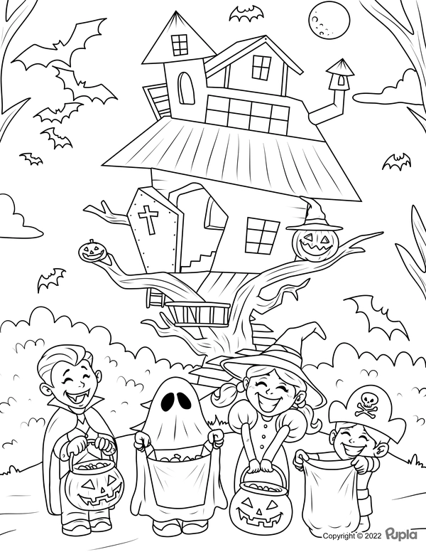 Halloween Haus mit Halloween Figuren Ausmalbild