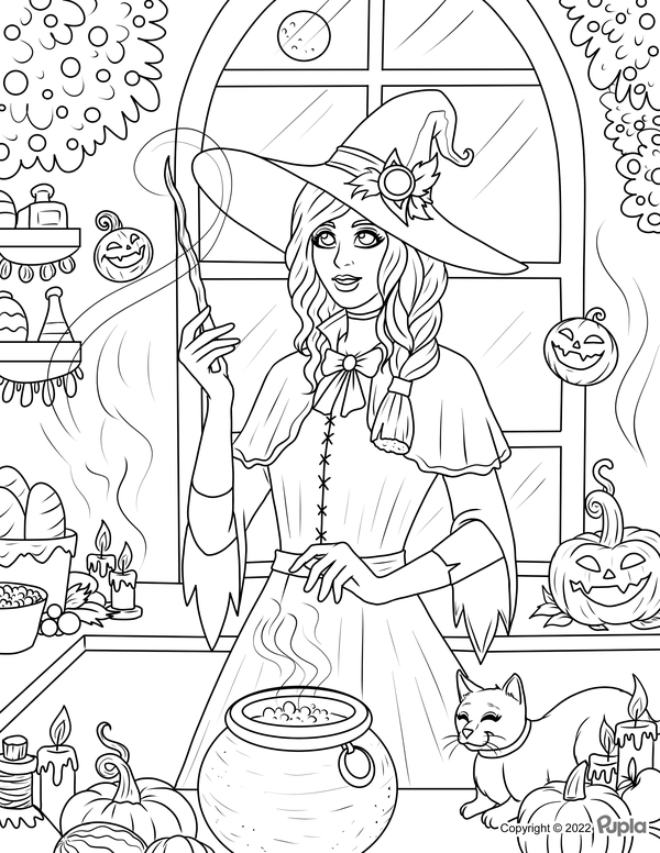 Halloween Hexe mit Wasserkocher Ausmalbild