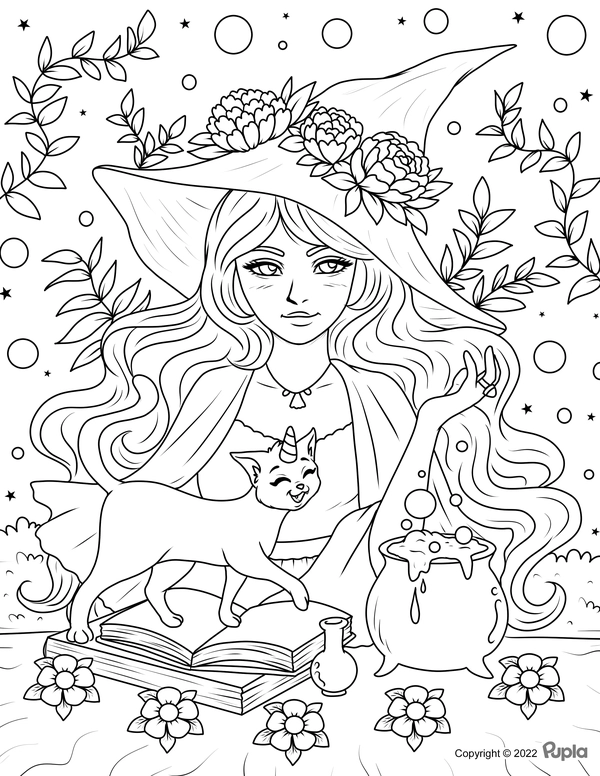 Halloween Witch with Cat Coloring Page