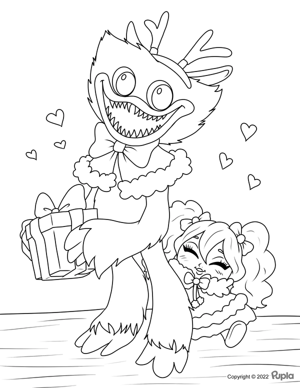 Huggy Wuggy and Miss Poppy with Present Christmas Coloring Page