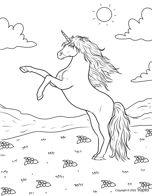 Dibujo para Colorear Unicornio saltarín sobre hierba