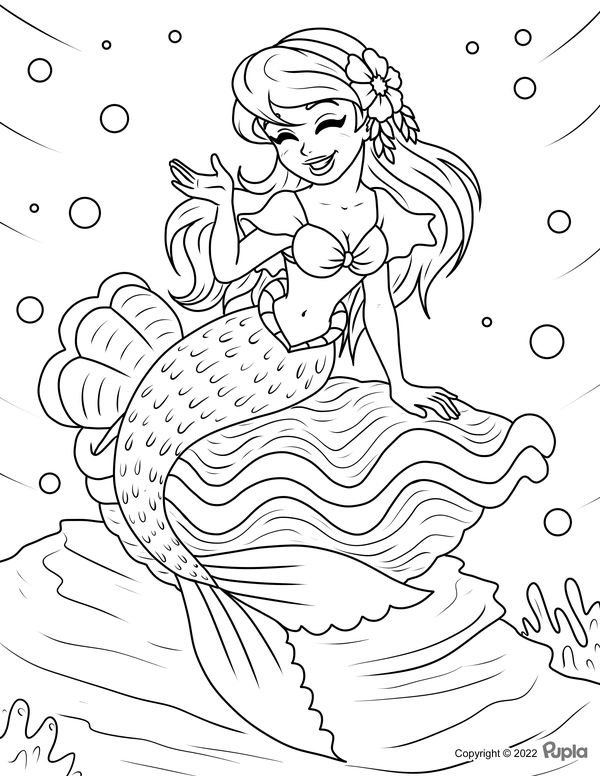 Dibujo para Colorear Sirena con flor en el pelo