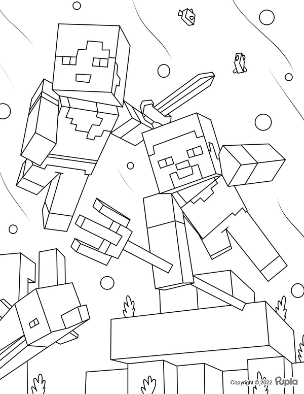 Minecraft Figures with Rake and Sword Coloring Page