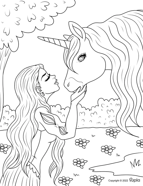 Prinzessin küsst Einhorn Ausmalbild
