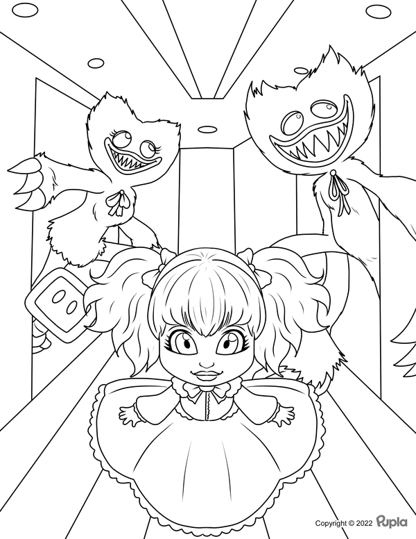 Two Huggy Wuggy's and Doll Coloring Page