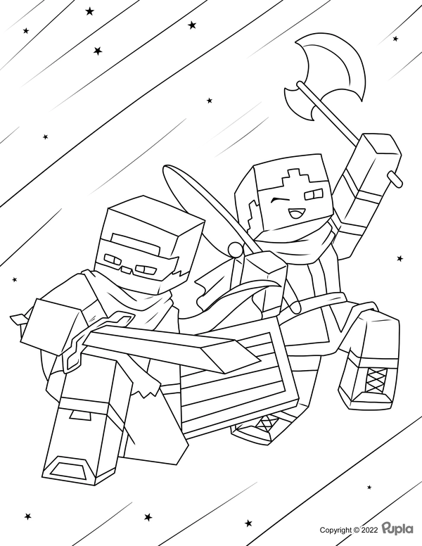 Two Minecraft Figures Little Stars Coloring Page