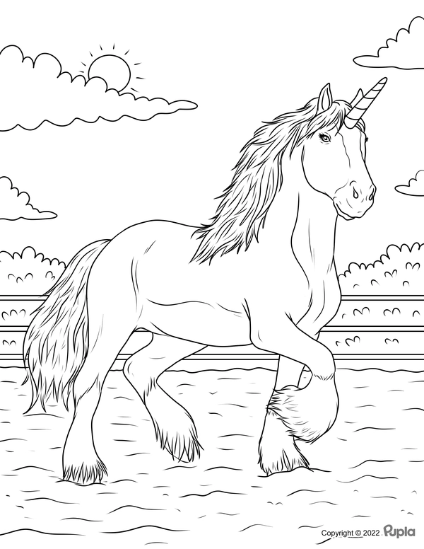 Dibujo para Colorear Unicornio en la escuela de equitación