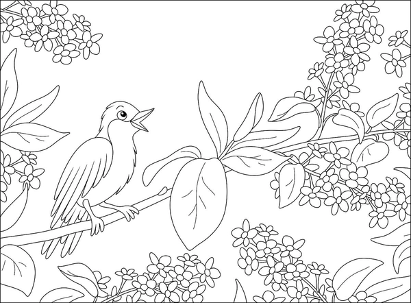 Spring Singing Bird in Tree Coloring Page
