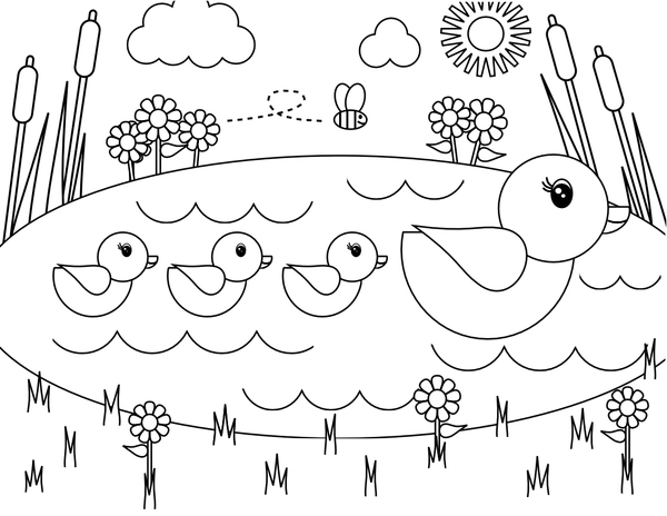 Dibujo para Colorear Primavera Patos en el estanque