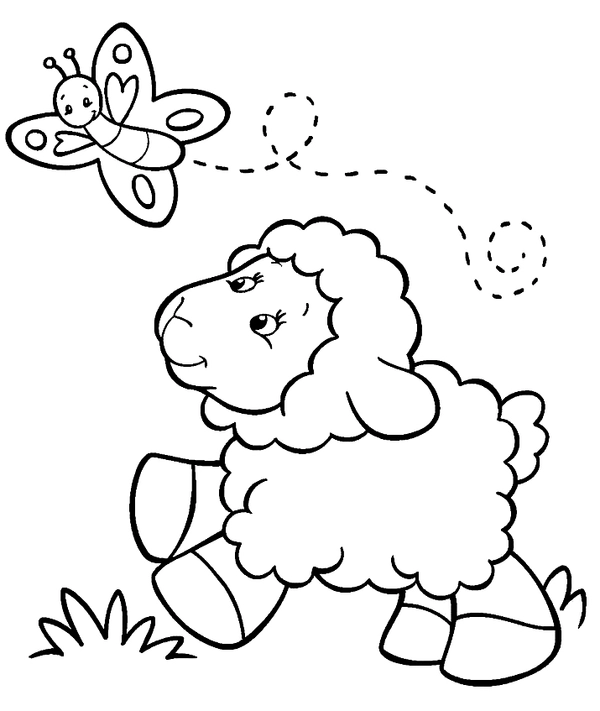 Spring Cute Lamb and Butterfly Coloring Page