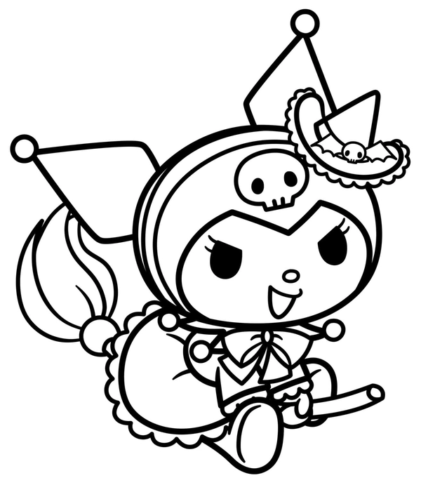 Kuromi Flying on a Broom Coloring Page