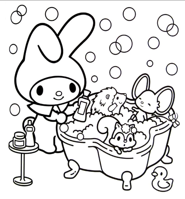 My Melody Bathing & Bubbles Coloring Page