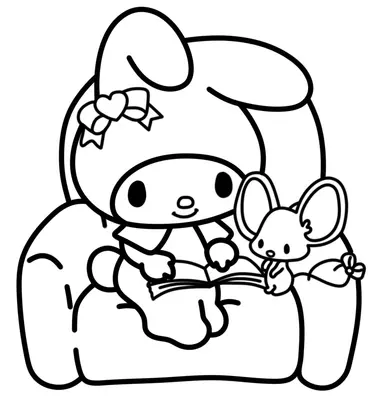 My Melody auf einem Stuhl mit Maus