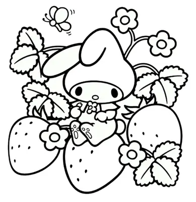 My Melody sitzt auf einer Erdbeerpflanze