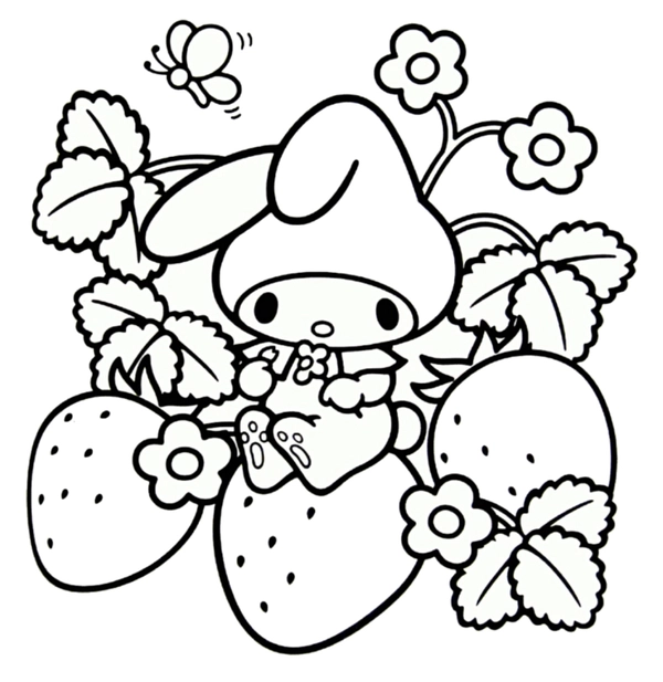 Dibujo para Colorear My Melody sentada en una fresa