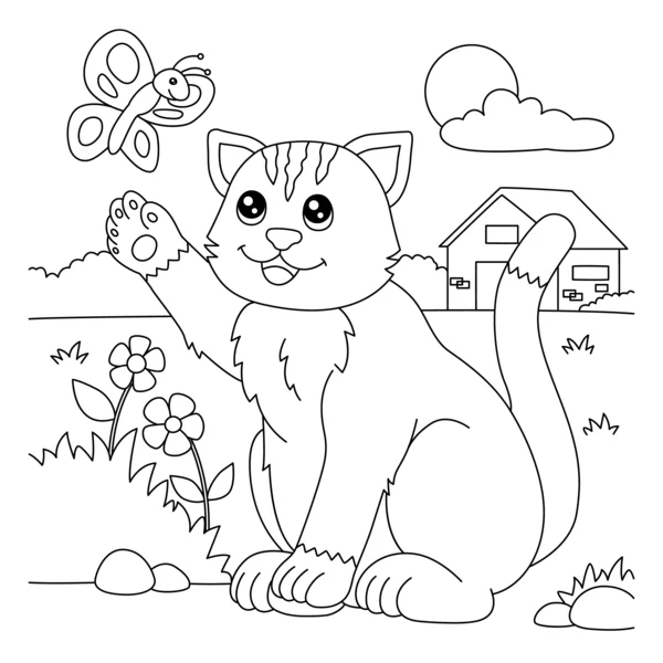 Cat with Butterfly and House Coloring Page