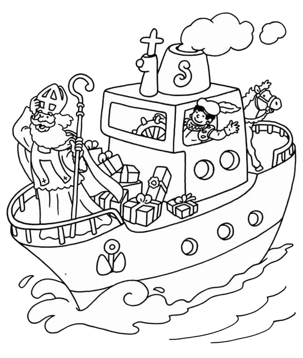Sinterklaas en Piet op de Pakjesboot Kleurplaat