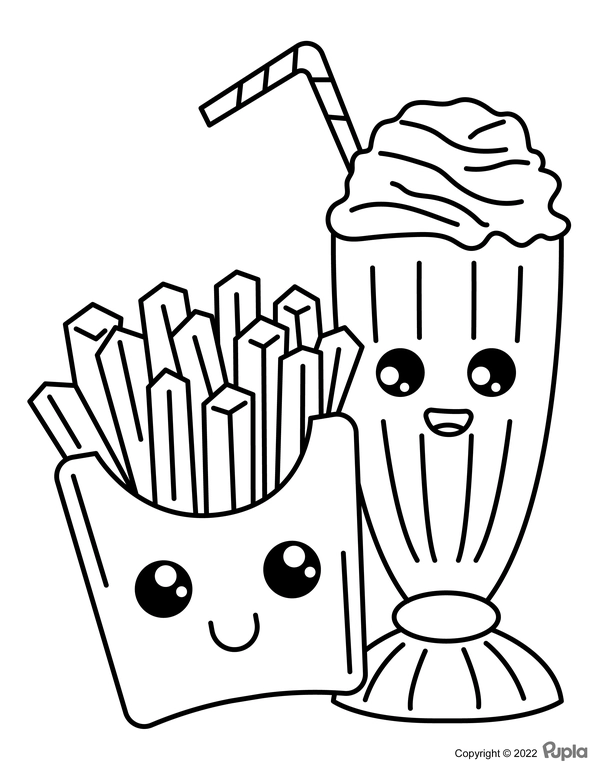 Kawaii French Fries and Milkshake Easy and Cute Coloring Page