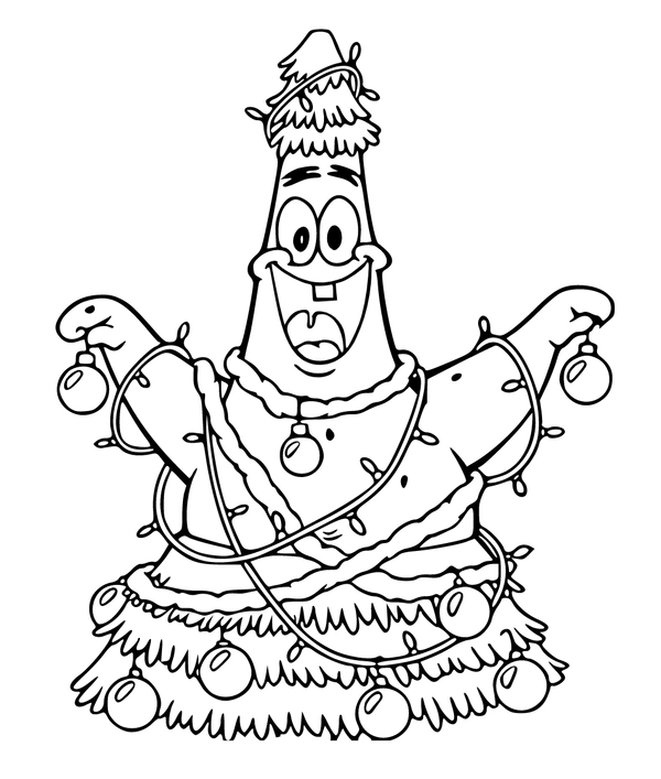 Spongebob Patrick Aangekleed als Kerstboom Kleurplaat