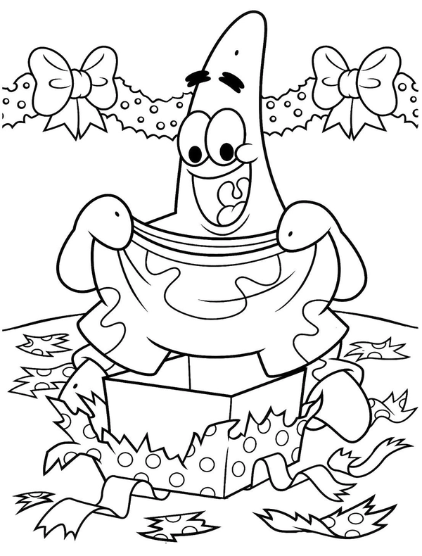 Spongebob Patrick Unwrapping a Present Coloring Page