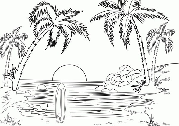 Coloriage Plage avec palmiers et planche de surf