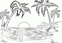 Plage avec palmiers et planche de surf