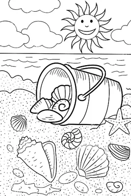 Plage avec seau, coquillages et pierres