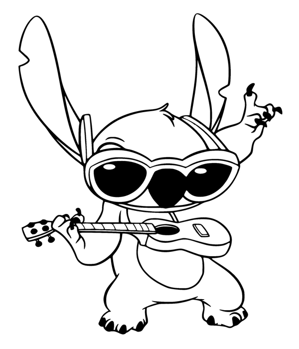 Coloriage Stitch jouant de la guitare avec des lunettes de soleil