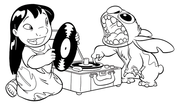 Lilo & Stitch Playing Records Coloring Page