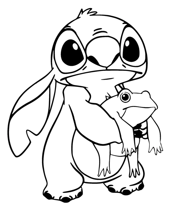 Coloriage Stitch tenant une grenouille
